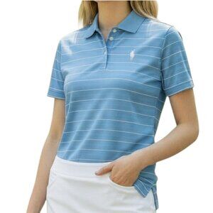 NIKE Blue and White Women's Short Sleeve Dri-Fit Striped Polo Shirt - Size Large